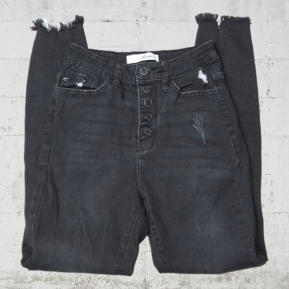 KanCan Black Denim Distressed High Waisted Fringe Fray Hem Skinny Jeans Size 25 - Picture 2 of 8